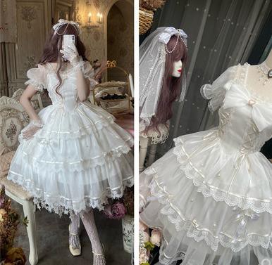 白仙气花嫁春夏ワンカラーゴスロリワンピース ドレス ロリィタ OP膝丈 Lolita ロリータ コスプレ エプロン  日常洋服リボン3段ゴージャスの通販はau PAY マーケット - エンブリッジ | au PAY マーケット－通販サイト